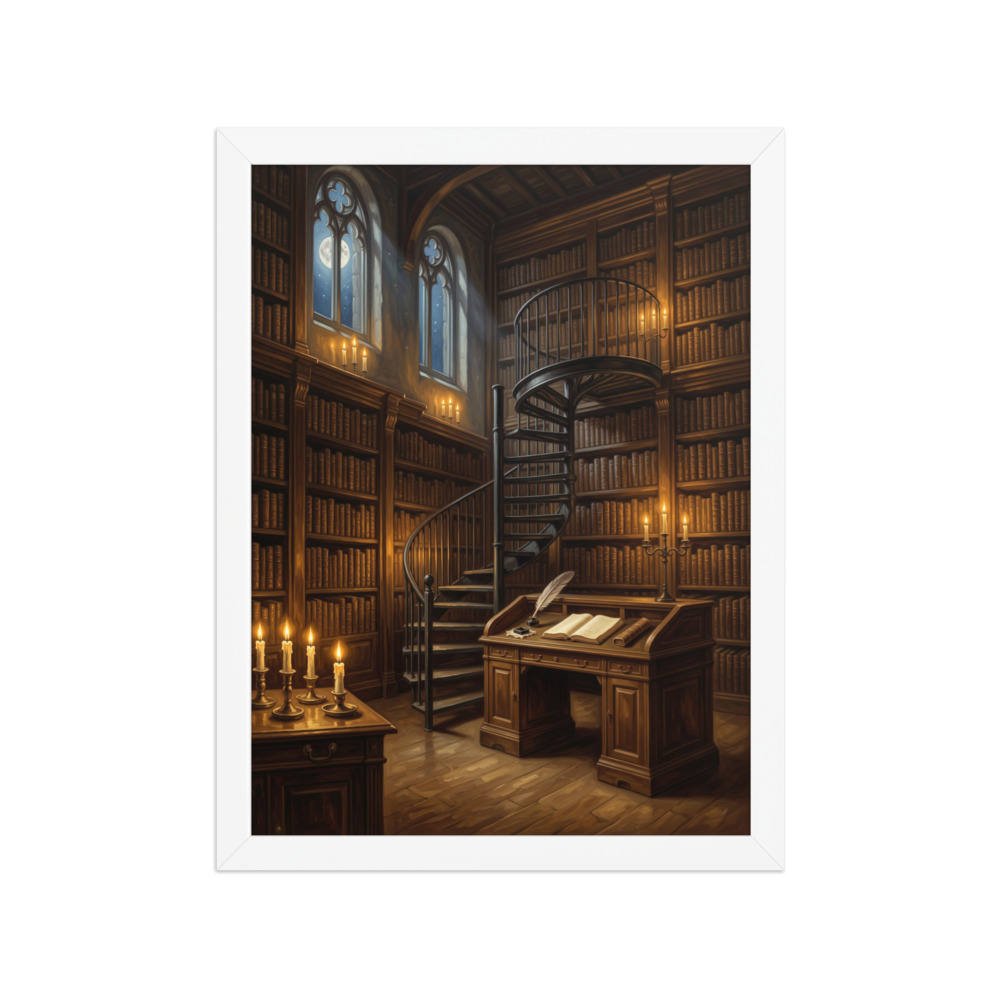 Candlelit Ancient Library Art Print, dark academia decor, vintage oil painting, study wall art, gift for book lovers