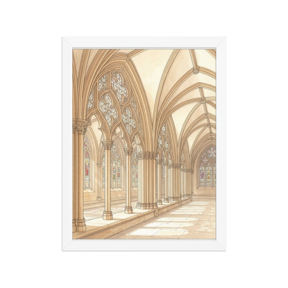 Sunlit cathedral cloister art print, gothic watercolor wall art, living room decor, architecture gift, gift for art lovers