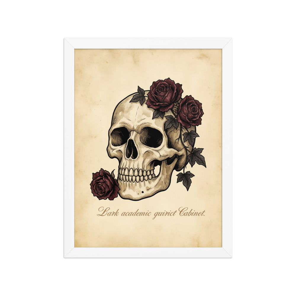 Skull with Dried Roses Art Print, dark academia gothic decor, Victorian botanical art, study wall art, gift for literature lovers