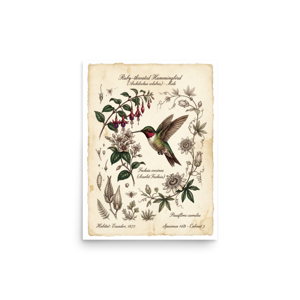 Hummingbird Study Art Print, Victorian botanical illustration, vintage gallery wall decor, naturalist gift, scholarly home office