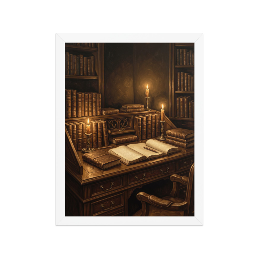 Scholar's Writing Desk Art Print, dark academia oil painting, vintage study decor, library wall art, gift for book lovers