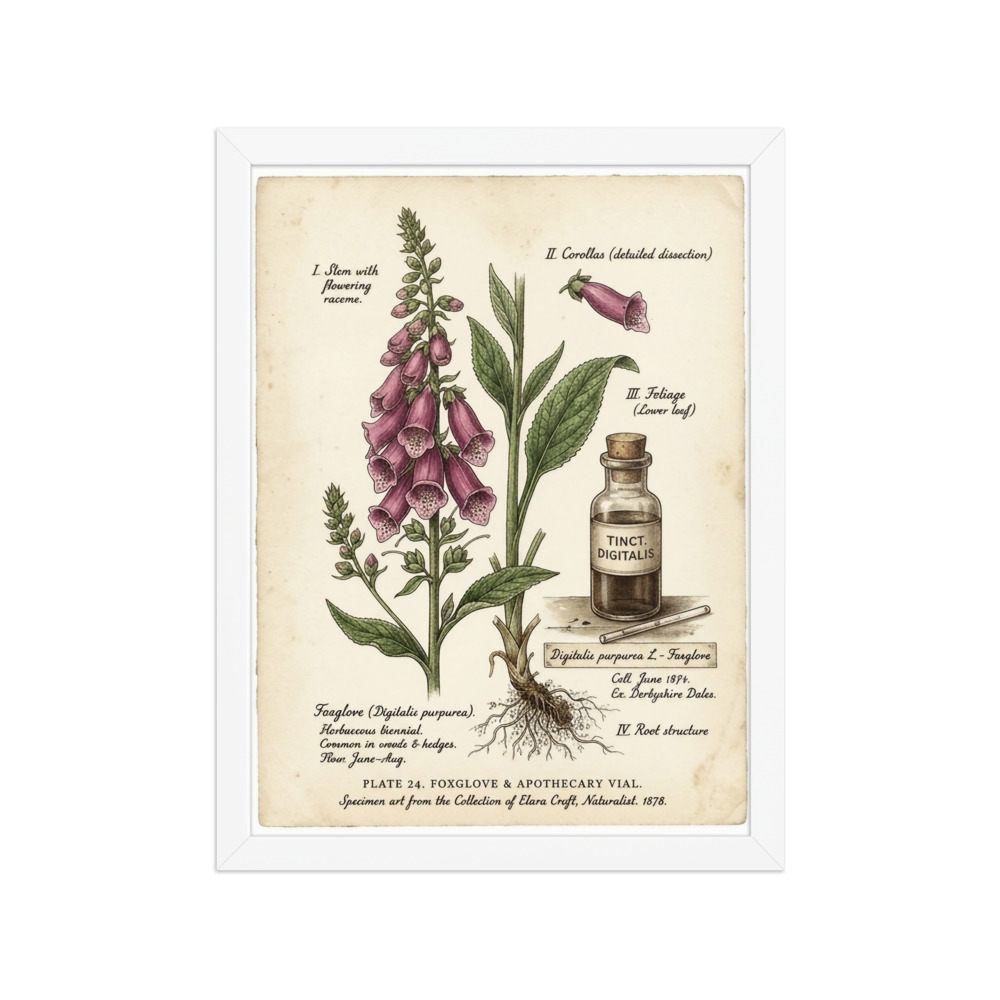 Foxglove Apothecary Art Print, Victorian botanical illustration, study decor, antique curiosity cabinet style, gift for nature lovers