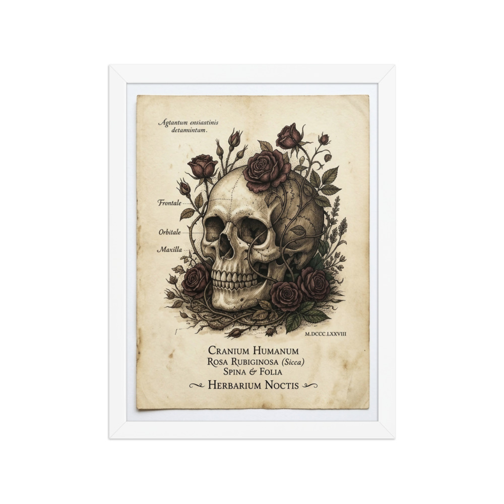 Skull with Dried Roses Art Print, gothic botanical illustration, dark academia decor, Victorian curiosity cabinet style, thoughtful gift