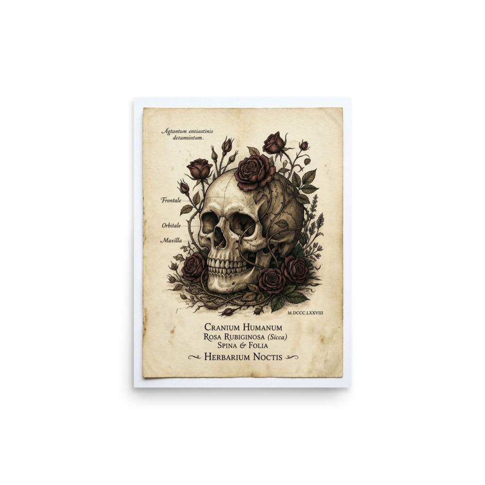 Skull with Dried Roses Art Print, gothic botanical illustration, dark academia decor, Victorian curiosity cabinet style, thoughtful gift