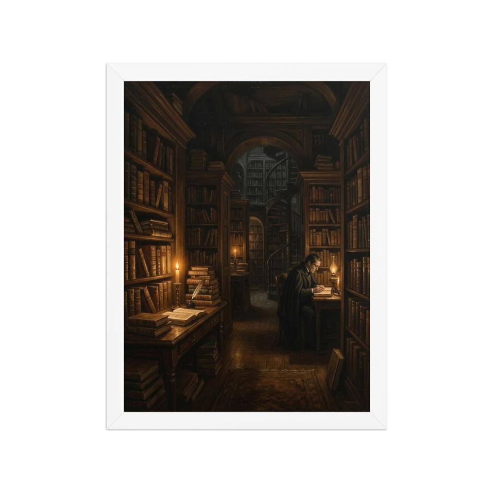Candlelit Ancient Library Art Print, dark academia oil painting, study room decor, reading nook art, gift for book lovers