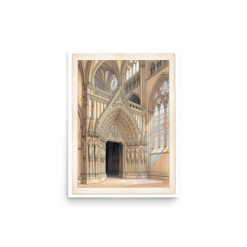 Ornate Gothic Doorway Art Print, gothic architecture, cathedral decor, watercolor wall art, gift for architecture lovers