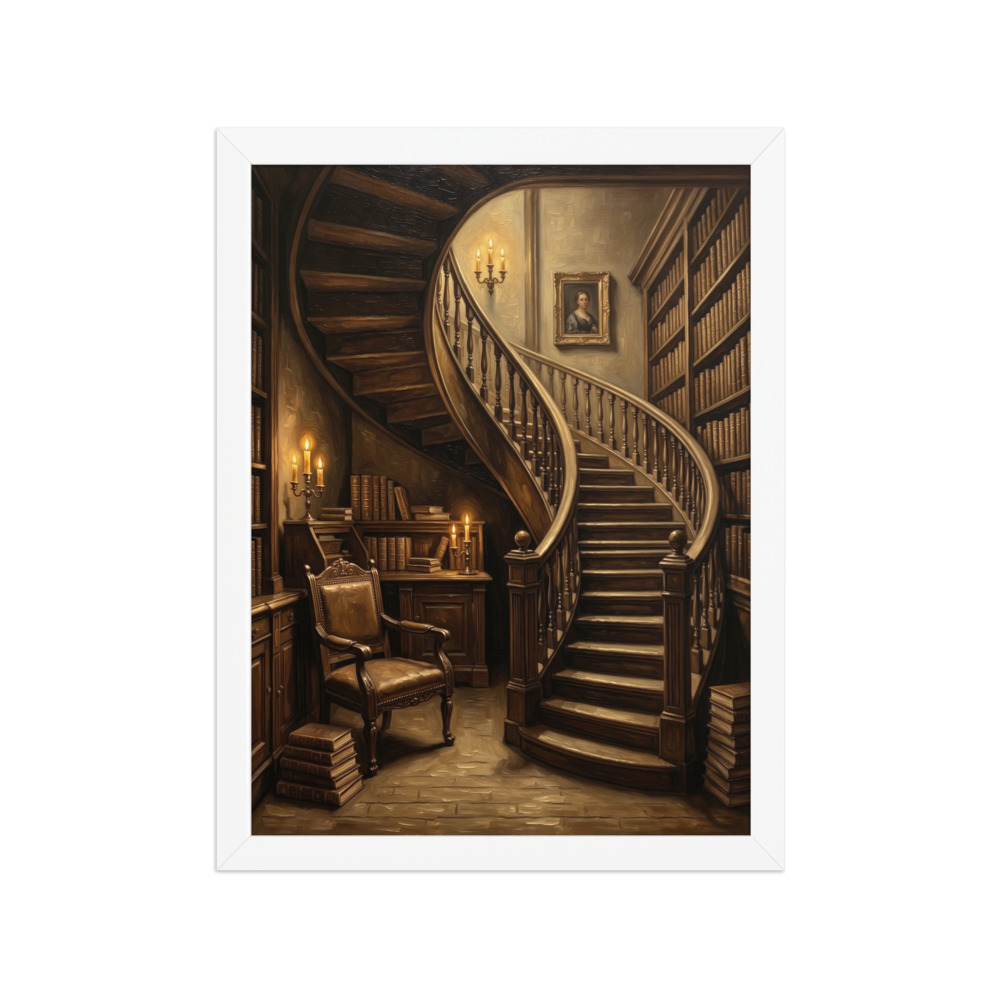 Library Spiral Staircase Art Print, dark academia decor, vintage oil painting style, study wall art, gift for book lovers