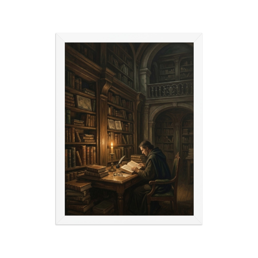 Candlelit Library Art Print, cozy reading nook decor, home office wall art, gift for book lovers and reading enthusiasts