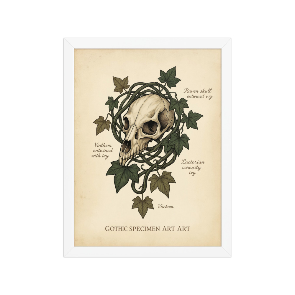 Raven Skull & Ivy Art Print, dark academia gothic decor, Victorian botanical art, study wall art, gift for literature lovers