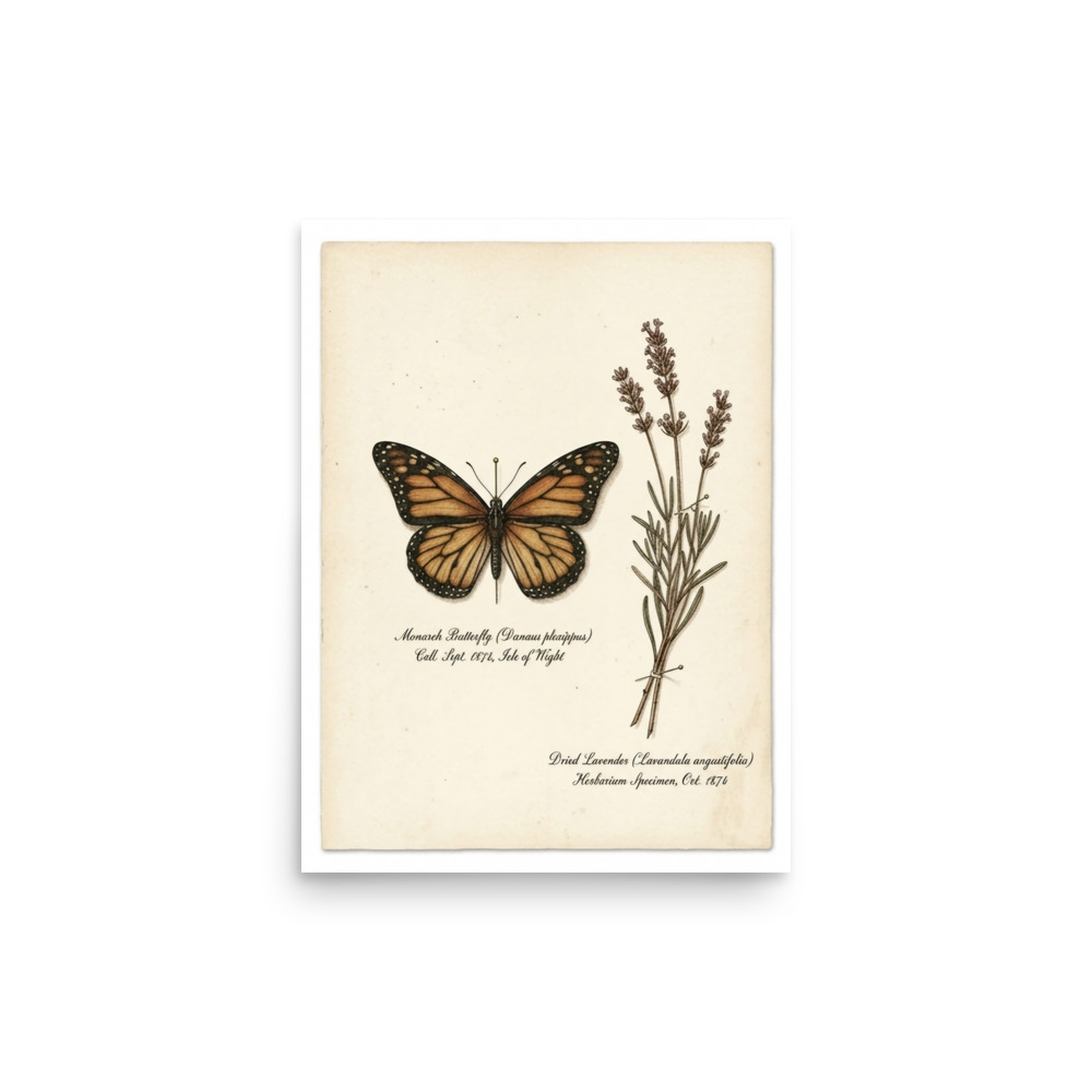 Monarch and Lavender Specimen Art Print, Victorian naturalist art, botanical study decor, antique cabinet style, nature lover gift