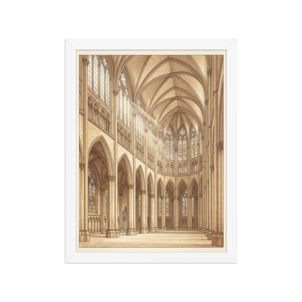 Cathedral Sunbeams Art Print, gothic architecture illustration, stained glass wall decor, living room art, cathedral architecture gift