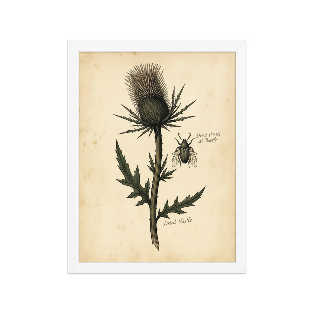 Dried Thistle and Pinned Beetle Art Print, dark academia decor, Victorian botanical wall art, gift for nature lovers