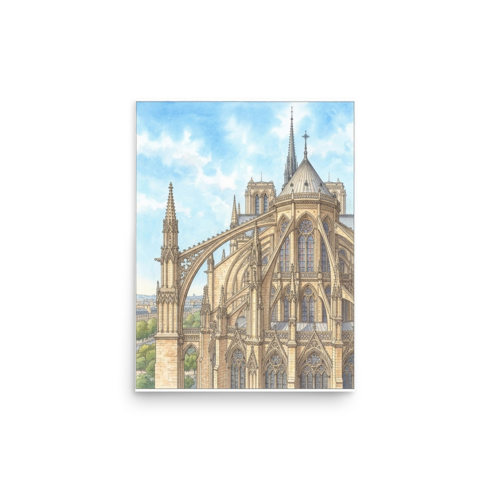 Flying Buttresses Art Print, gothic architecture, watercolor wall art, cathedral decor, gift for architecture lovers