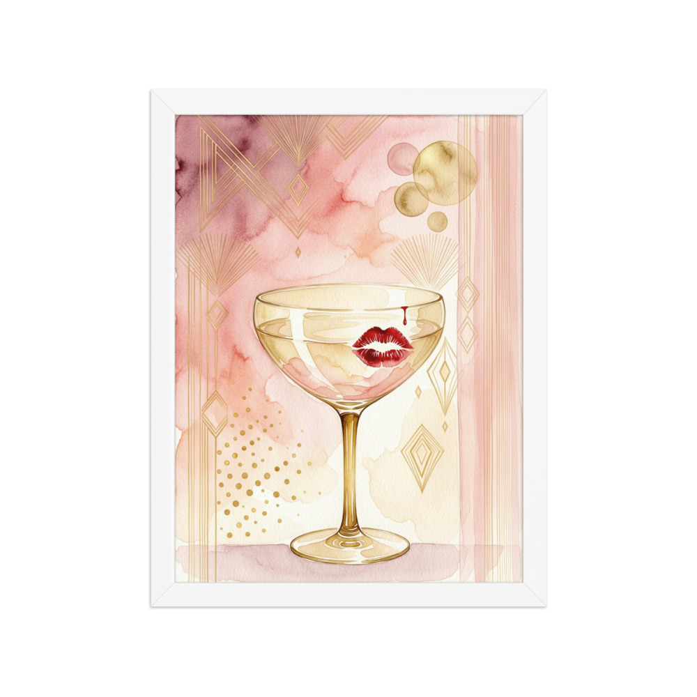 Champagne coupe with a red lipstick kiss Art Print, glamorous watercolor, vanity decor, cocktail bar art, gift for fashion lovers
