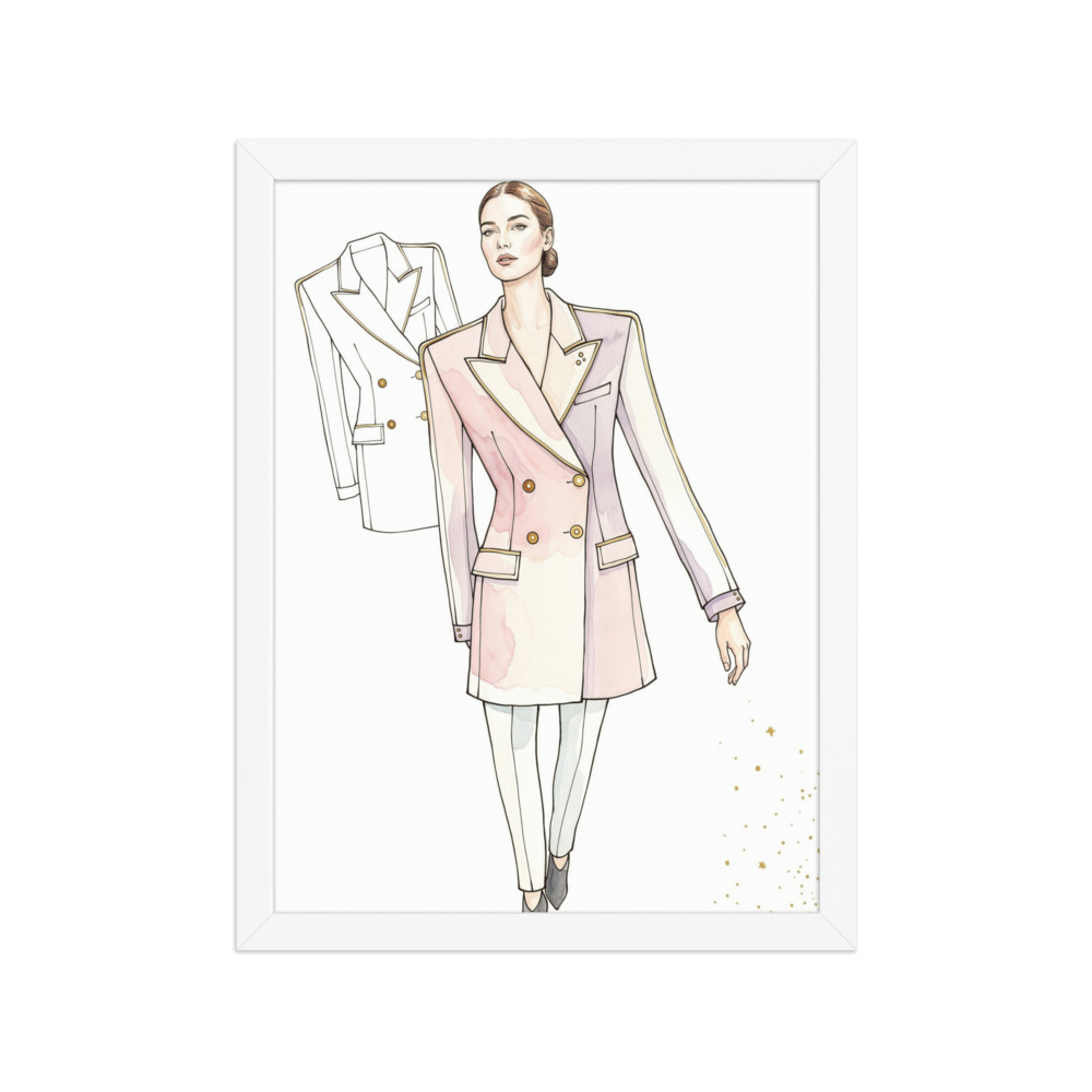 Runway model in a structured blazer art print, watercolor fashion sketch, dressing room decor, fashion lover gift