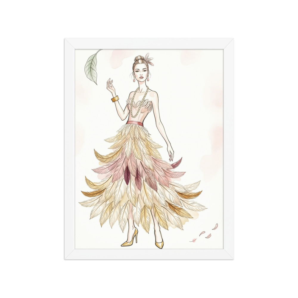 Feathered Cocktail Dress Art Print, watercolor and ink fashion sketch, bedroom decor, gift for fashion lovers