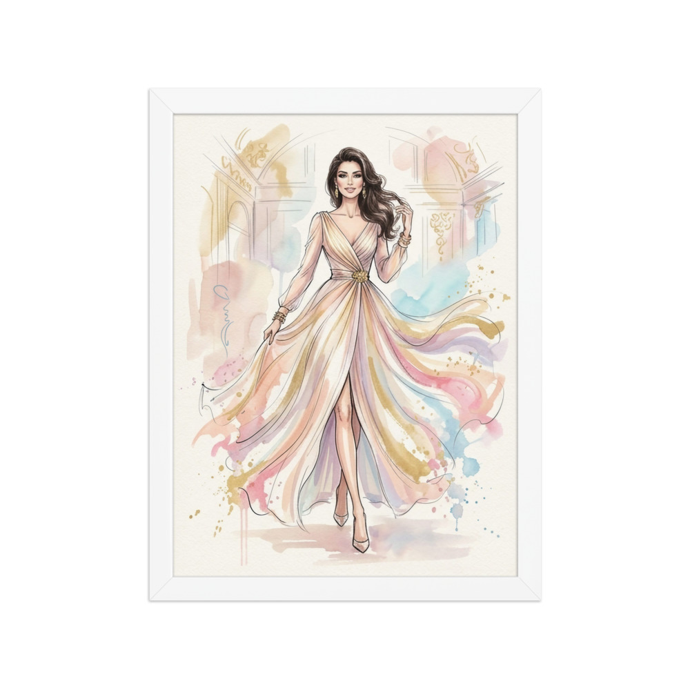 Woman in a Flowing Gown Art Print, watercolor fashion sketch, Vogue editorial style, pastel wall decor, gift for fashion lovers