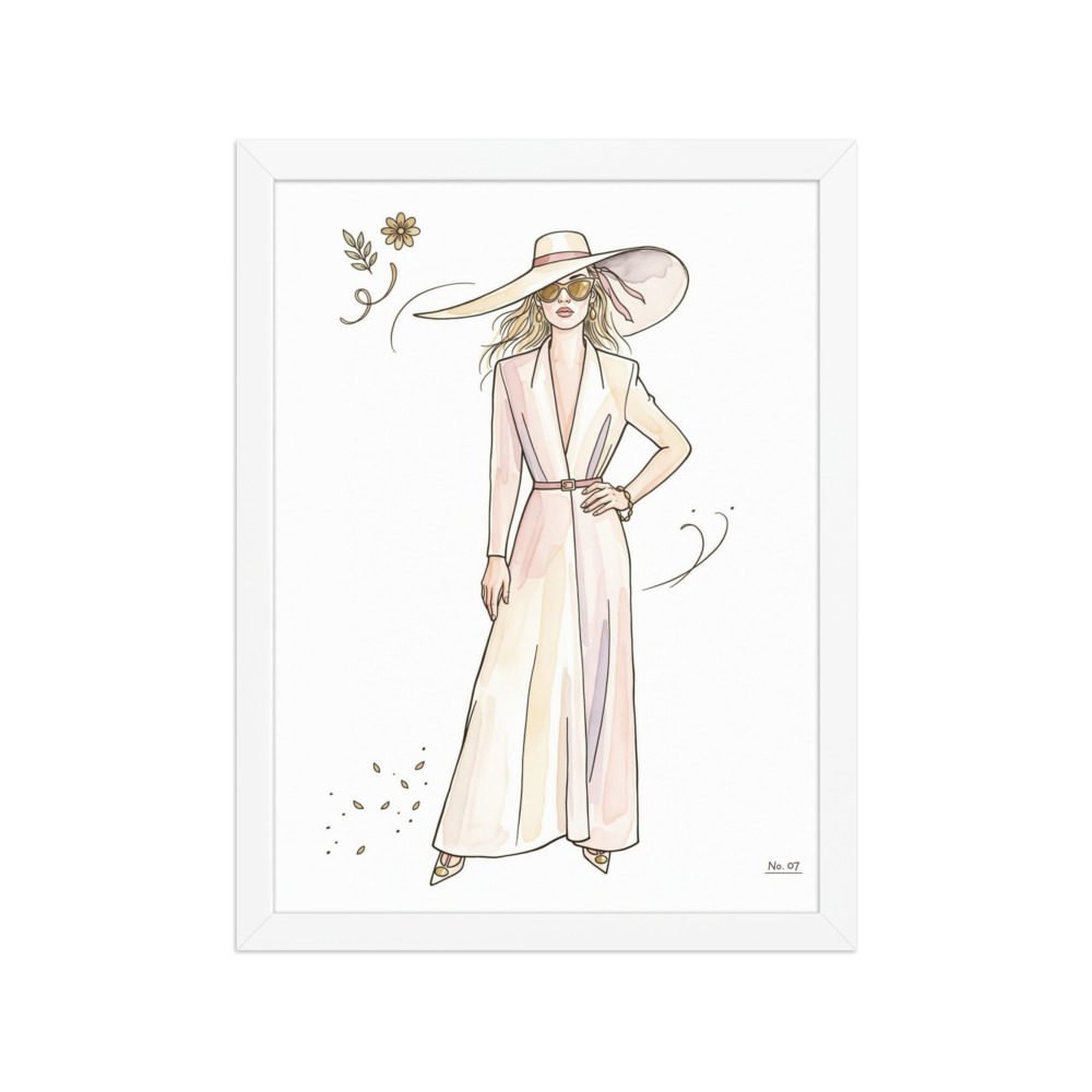 Woman in a wide-brim hat and sunglasses Art Print, watercolor fashion sketch, Vogue editorial style, bedroom decor, gift for fashion lovers