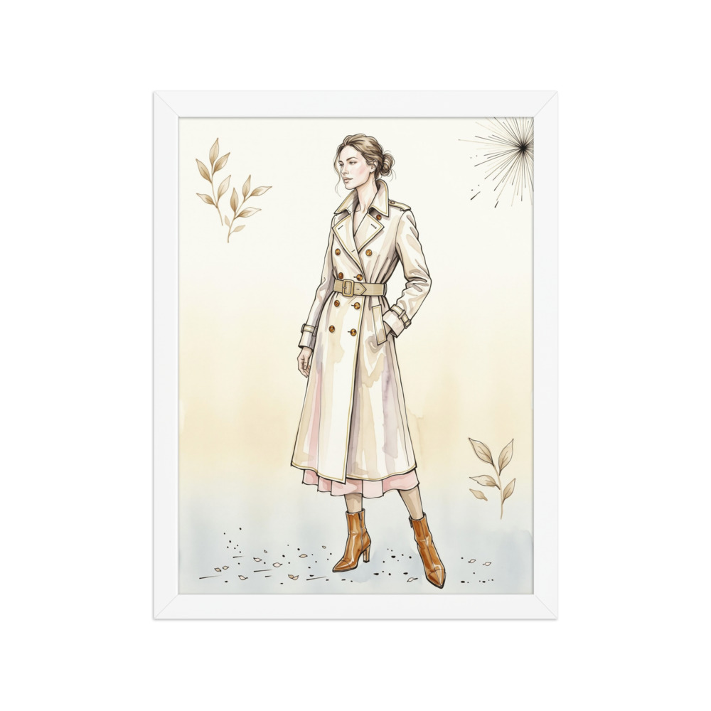 A model in a tailored trench coat Art Print, watercolor fashion sketch, Vogue-style wall art, dressing room decor, gift for a fashion lover