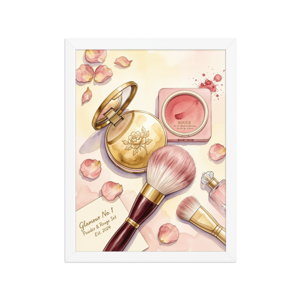 Powder Compact with Rouge and a Brush Art Print, elegant watercolor fashion illustration, bedroom dressing area decor, makeup lover gift