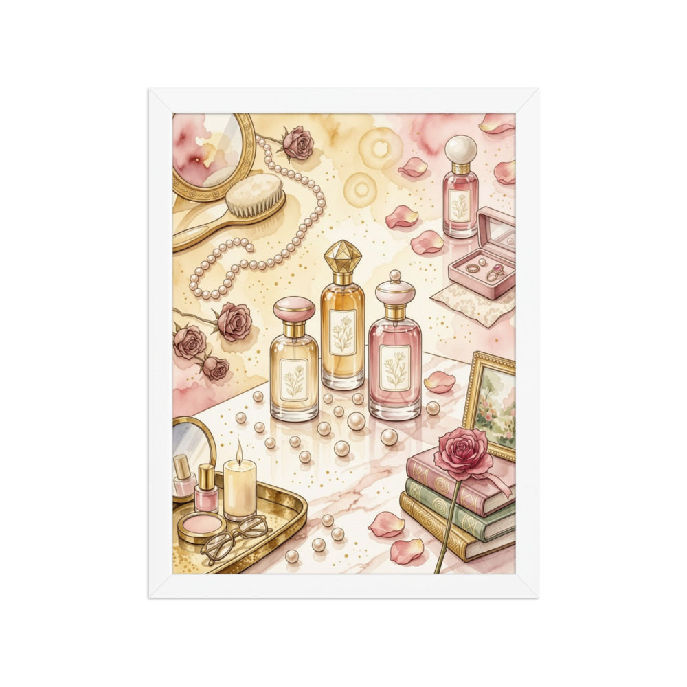 Vanity Table with Perfume Bottles and Pearls Art Print, elegant watercolor, gold blush decor, bedroom dressing room, fashion lover gift