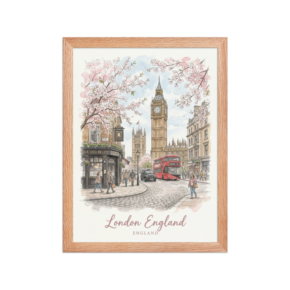 London England Art Print, watercolor and ink sketch, travel wall art, cherry blossom illustration, gift for travelers