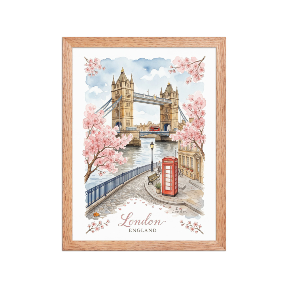 London Watercolor Sketch Art Print, watercolor travel poster, London wall art, cherry blossom decor, gift for travelers