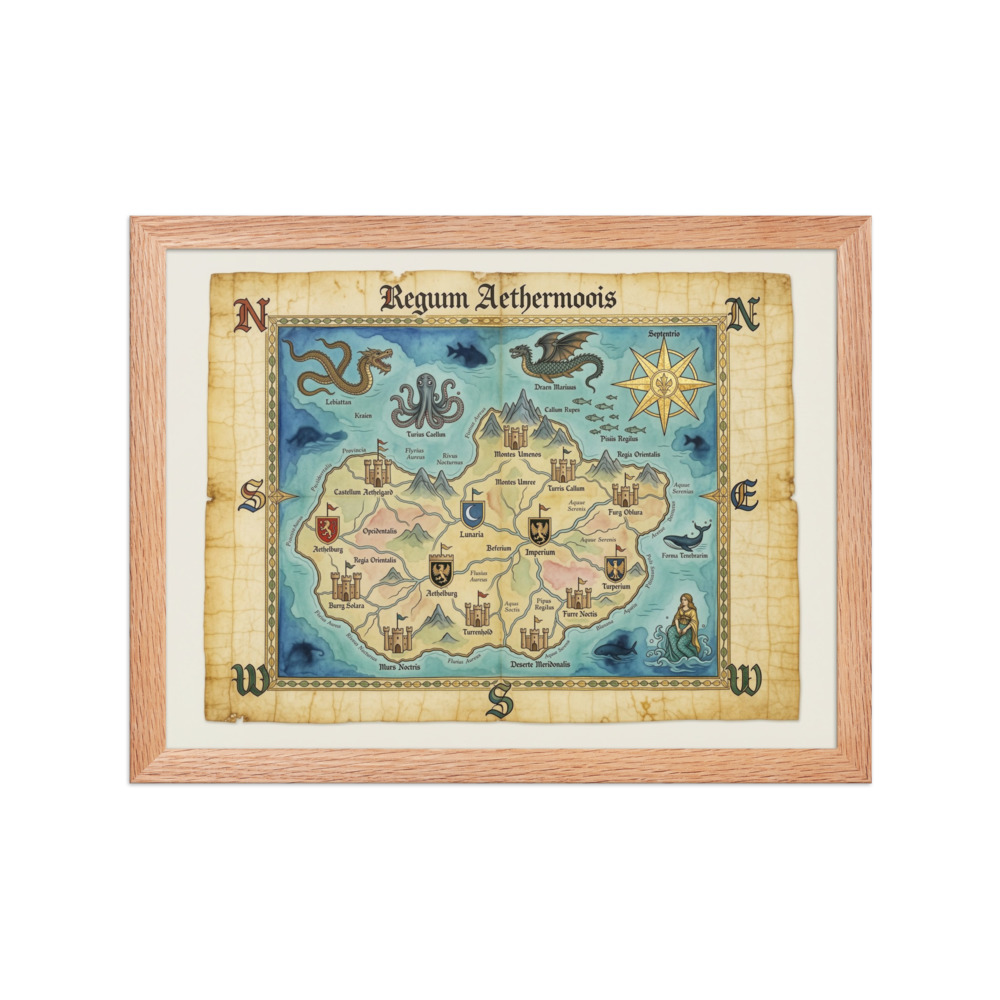 Kingdom of Aethermoor Art Print, vintage map wall art, study and library decor, fantasy art gift, explorer gift