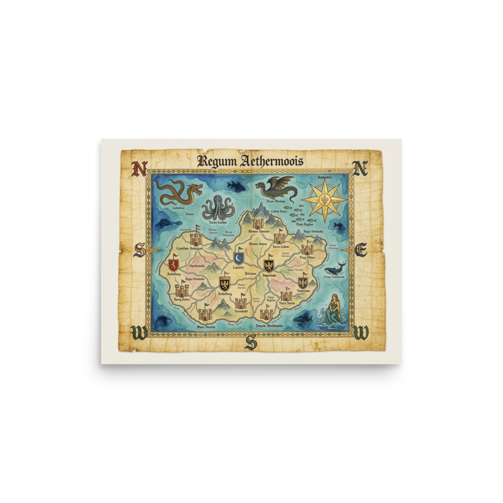 Kingdom of Aethermoor Art Print, vintage map wall art, study and library decor, fantasy art gift, explorer gift