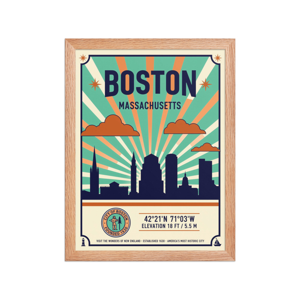 Boston Skyline Art Print, retro travel poster, city wall decor, home office art, Boston gift for travel lovers