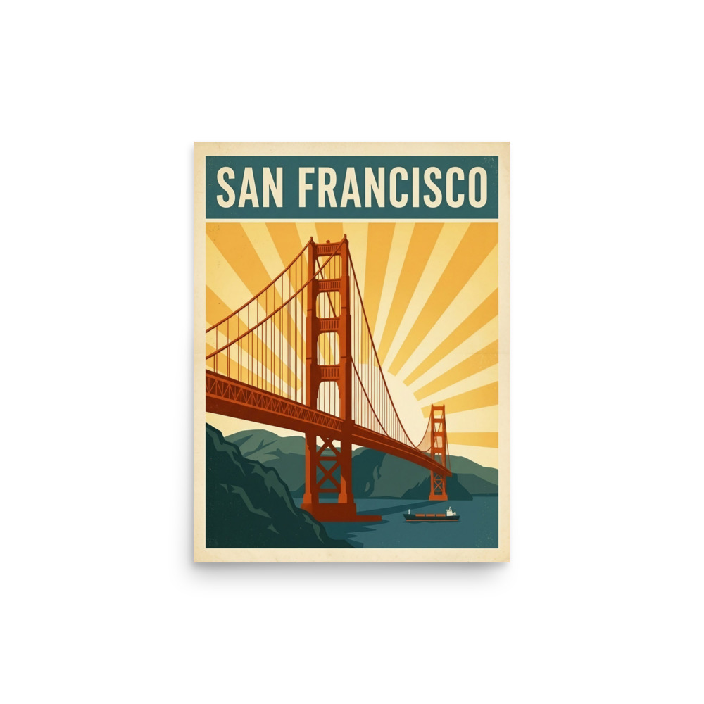 San Francisco Golden Gate Art Print, retro travel poster, living room wall art, gift for travelers and design lovers