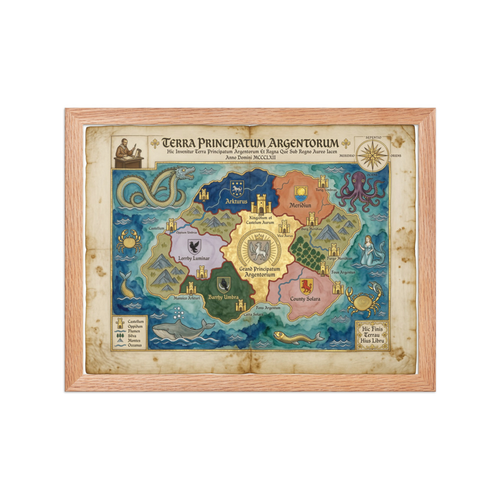 Terra Principatum Argentorum Fantasy Map Art Print, vintage fantasy art, study decor, library wall art, gift for adventurers