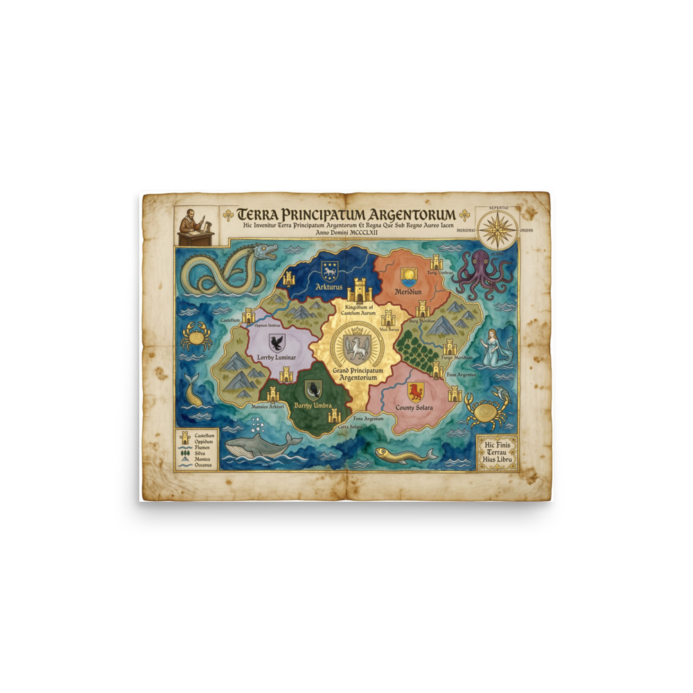 Terra Principatum Argentorum Fantasy Map Art Print, vintage fantasy art, study decor, library wall art, gift for adventurers