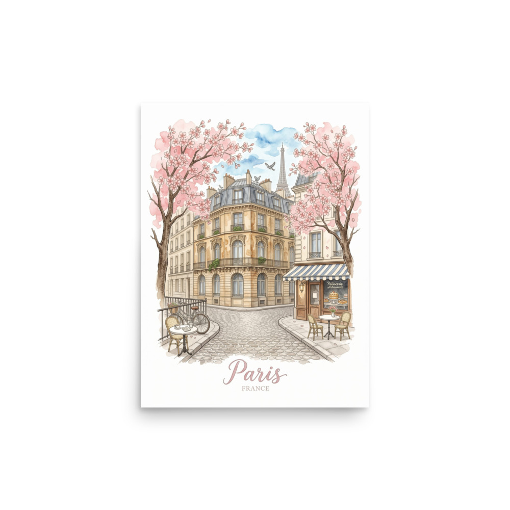 Paris Watercolor Sketch Art Print, travel illustration poster, cherry blossom decor, Paris gift, architectural art