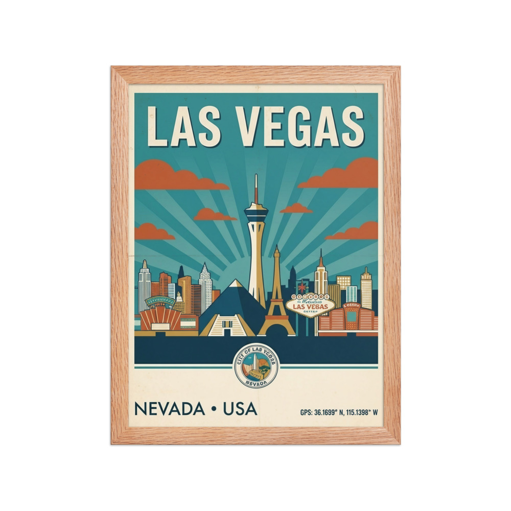 Retro Las Vegas City Skyline Art Print, vintage travel poster, bold flat illustration, living room decor, gift for travelers