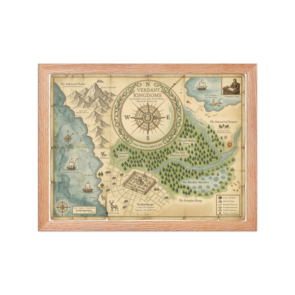 The Verdant Kingdoms Art Print, fantasy map decor, antique cartography style, study or library wall art, gift for explorers