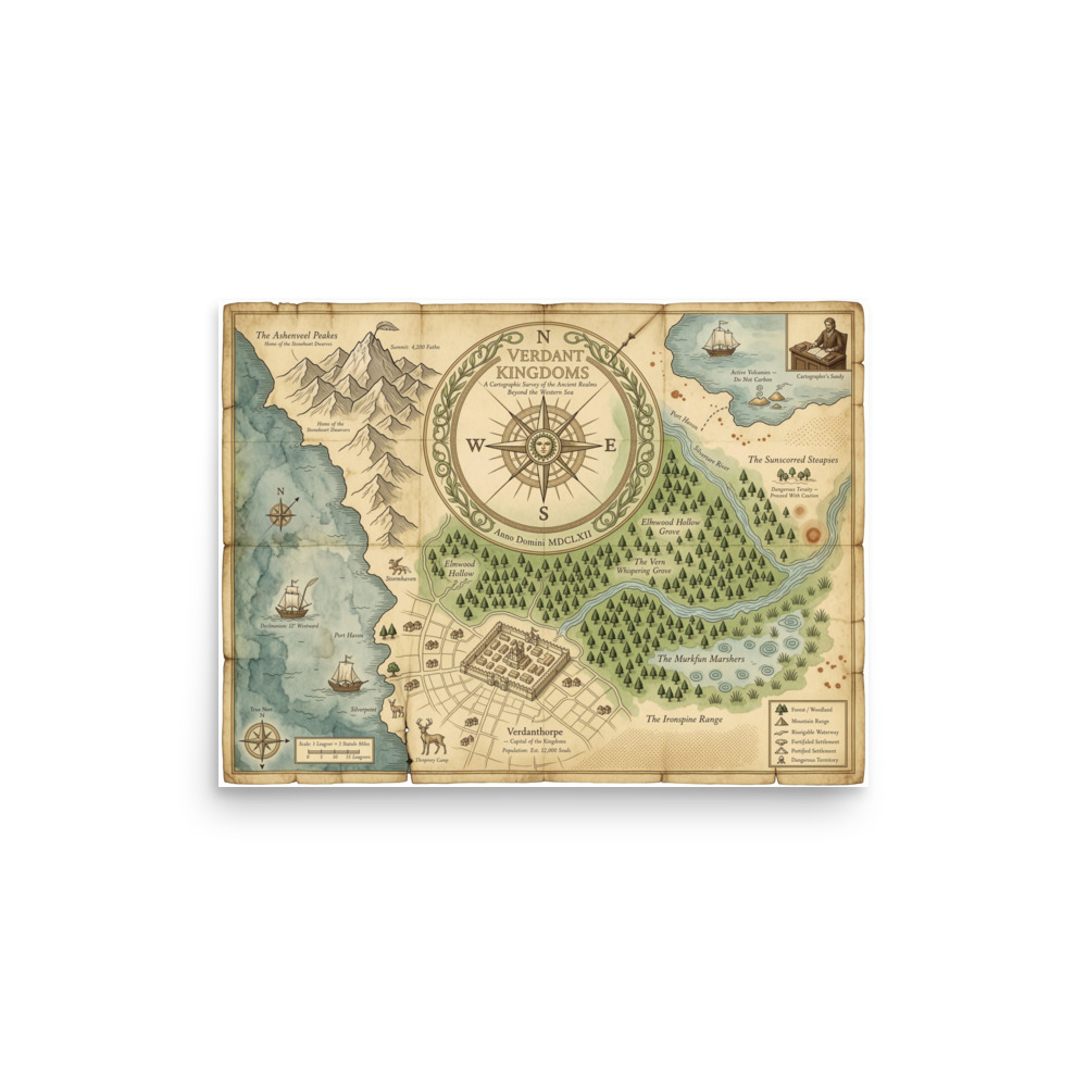 The Verdant Kingdoms Art Print, fantasy map decor, antique cartography style, study or library wall art, gift for explorers