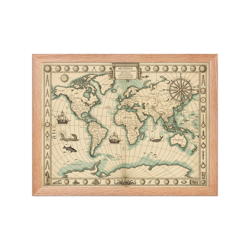 Antique Decorative World Map Art Print, vintage cartography, study or office decor, travel gift, history lover gift