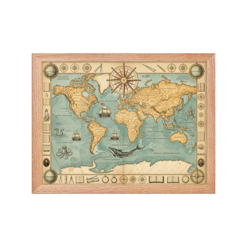 Seven Seas Map Art Print, antique world map, vintage cartography decor, study or library wall art, gift for map lovers