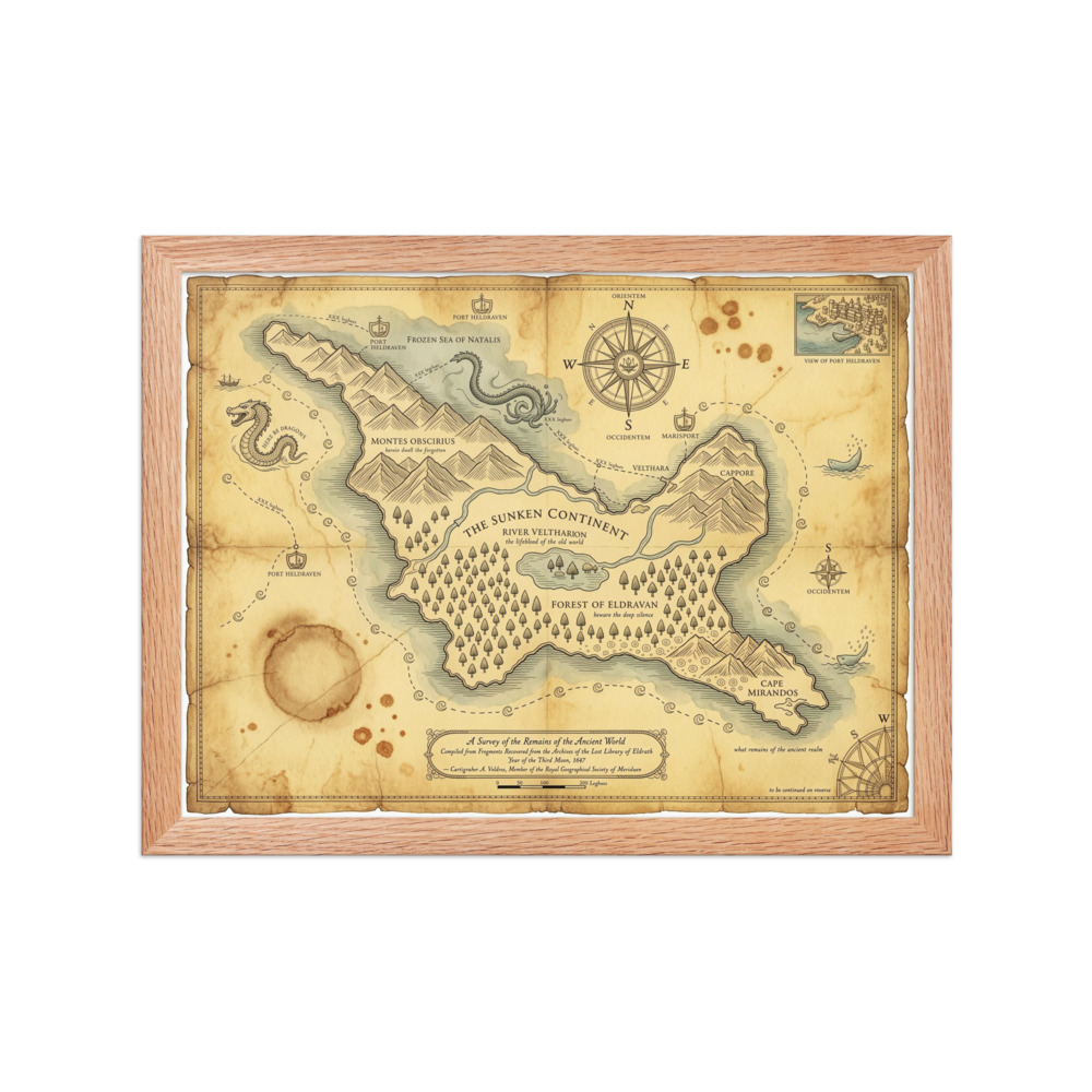 The Sunken Continent Art Print, vintage map decor, study and library wall art, fantasy map gift for explorers