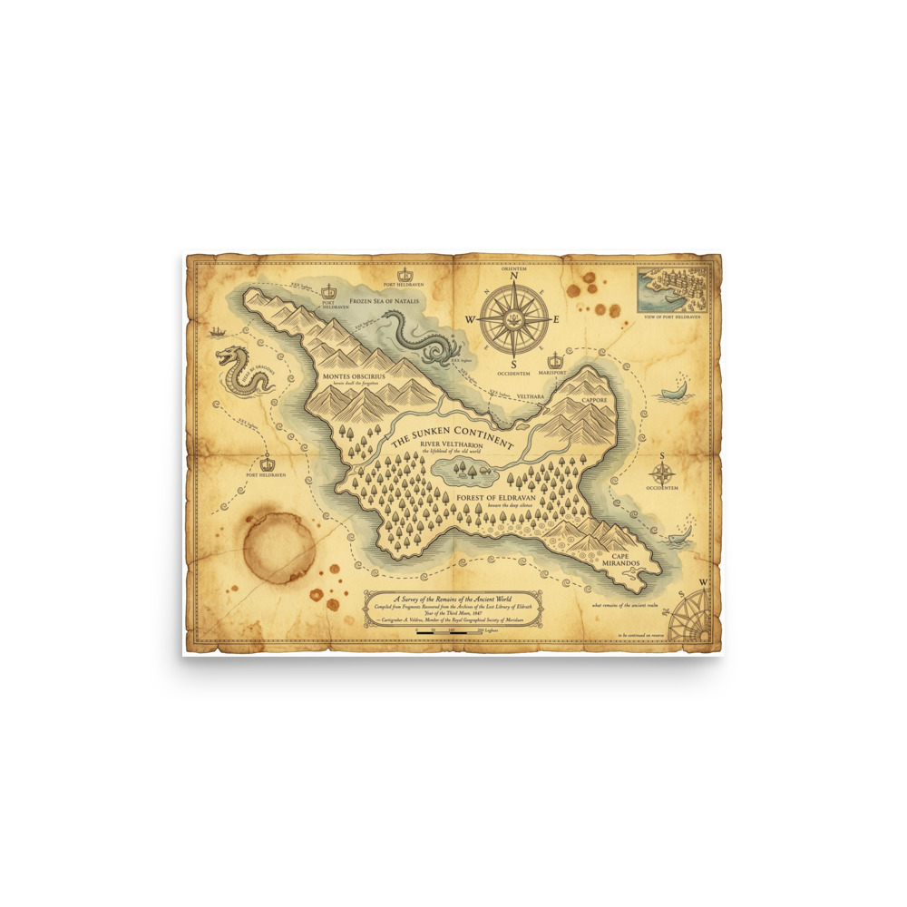 The Sunken Continent Art Print, vintage map decor, study and library wall art, fantasy map gift for explorers