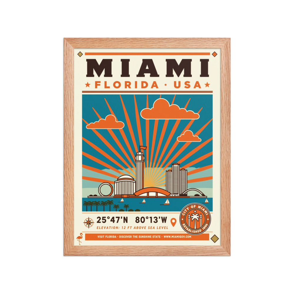 Miami Skyline Art Print, retro travel poster, living room wall decor, Miami travel gift, cityscape art for office