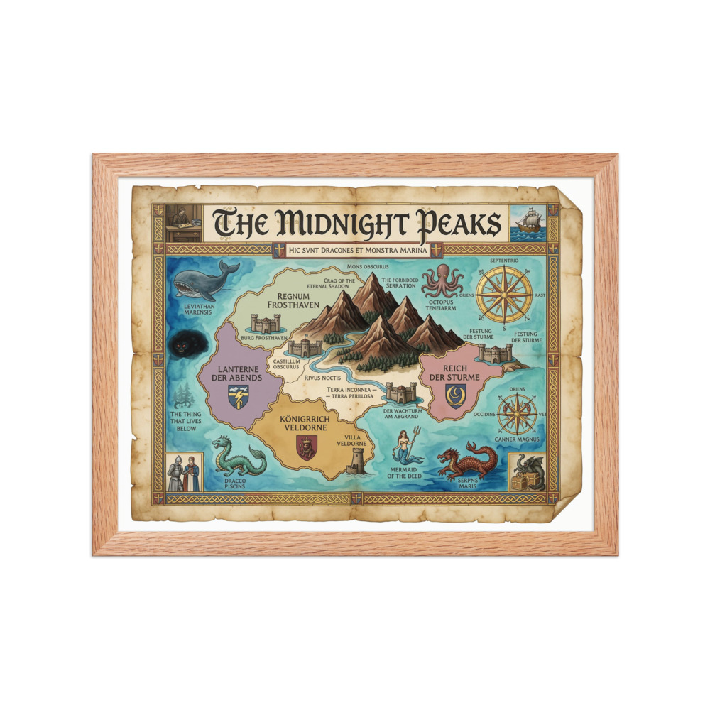 The Midnight Peaks Art Print, vintage fantasy map, study and library decor, reading nook art, gift for dreamers