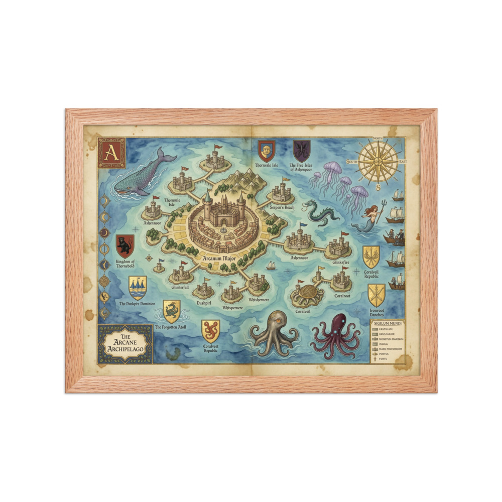 The Arcane Archipelago Art Print, hand-illustrated fantasy map, study or living room decor, gift for adventurers and dreamers