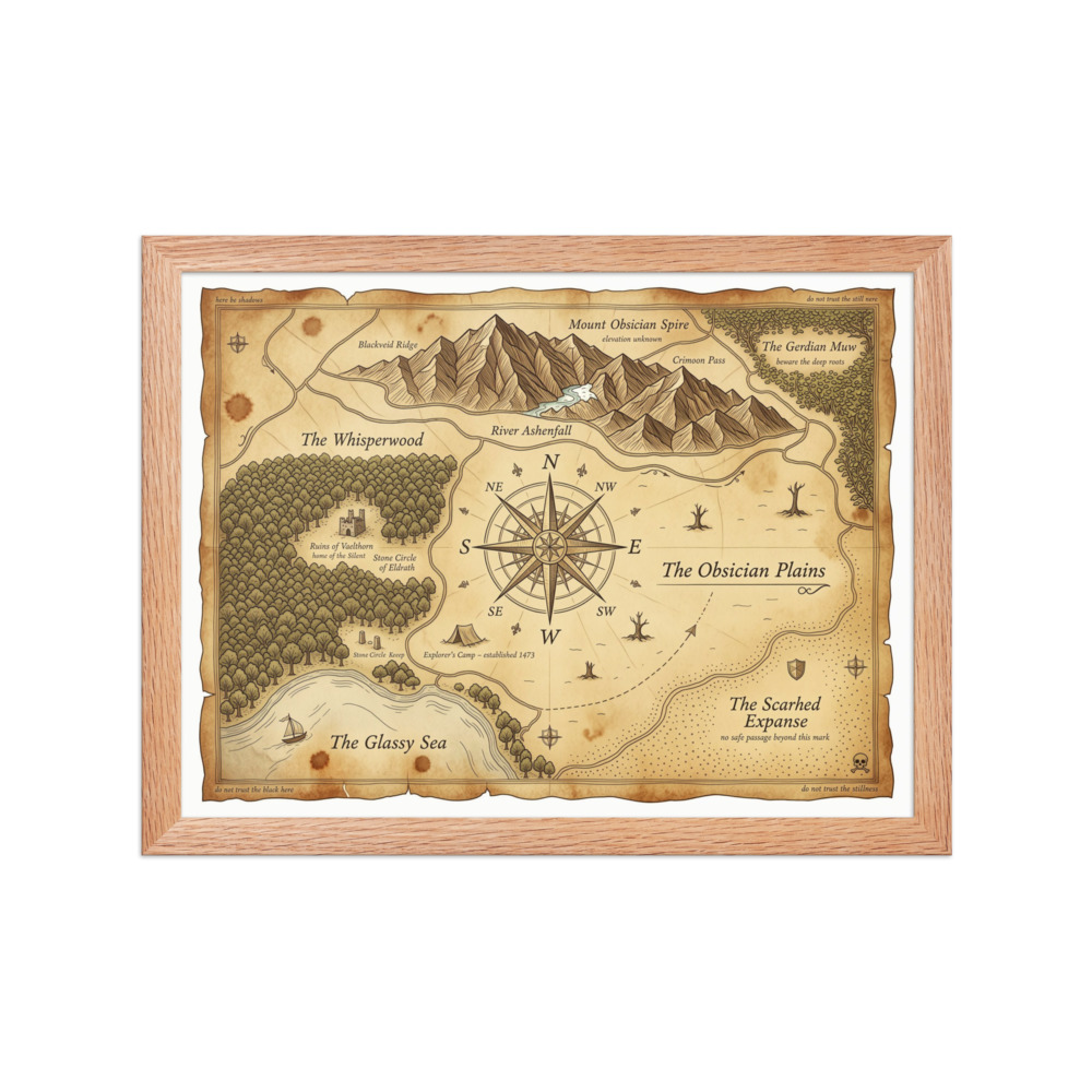 The Obsidian Plains Art Print, hand-drawn fantasy map, aged parchment style, study or library decor, gift for fantasy enthusiasts