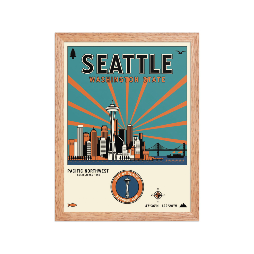 Seattle Skyline Art Print, retro travel poster, vintage modern wall decor, Seattle gift, office or reading nook artwork