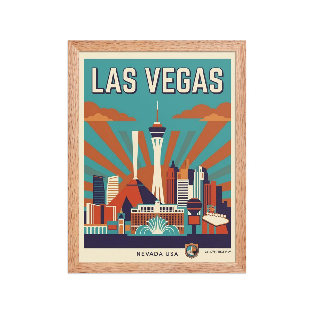 Las Vegas Skyline Art Print, vintage retro poster, teal and burnt orange decor, travel gift, living room wall art