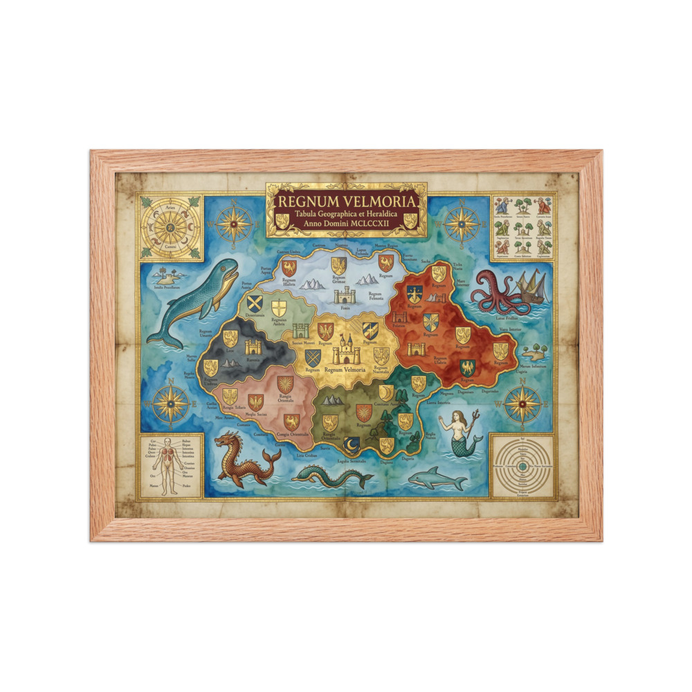 Realm of Velmoria Art Print, mystical fantasy map, study or library decor, gift for fantasy readers and map collectors