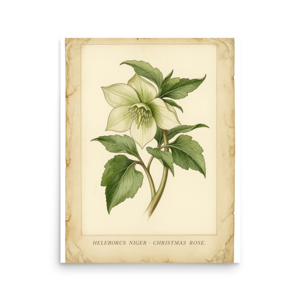 Vintage Christmas Rose Botanical Print
