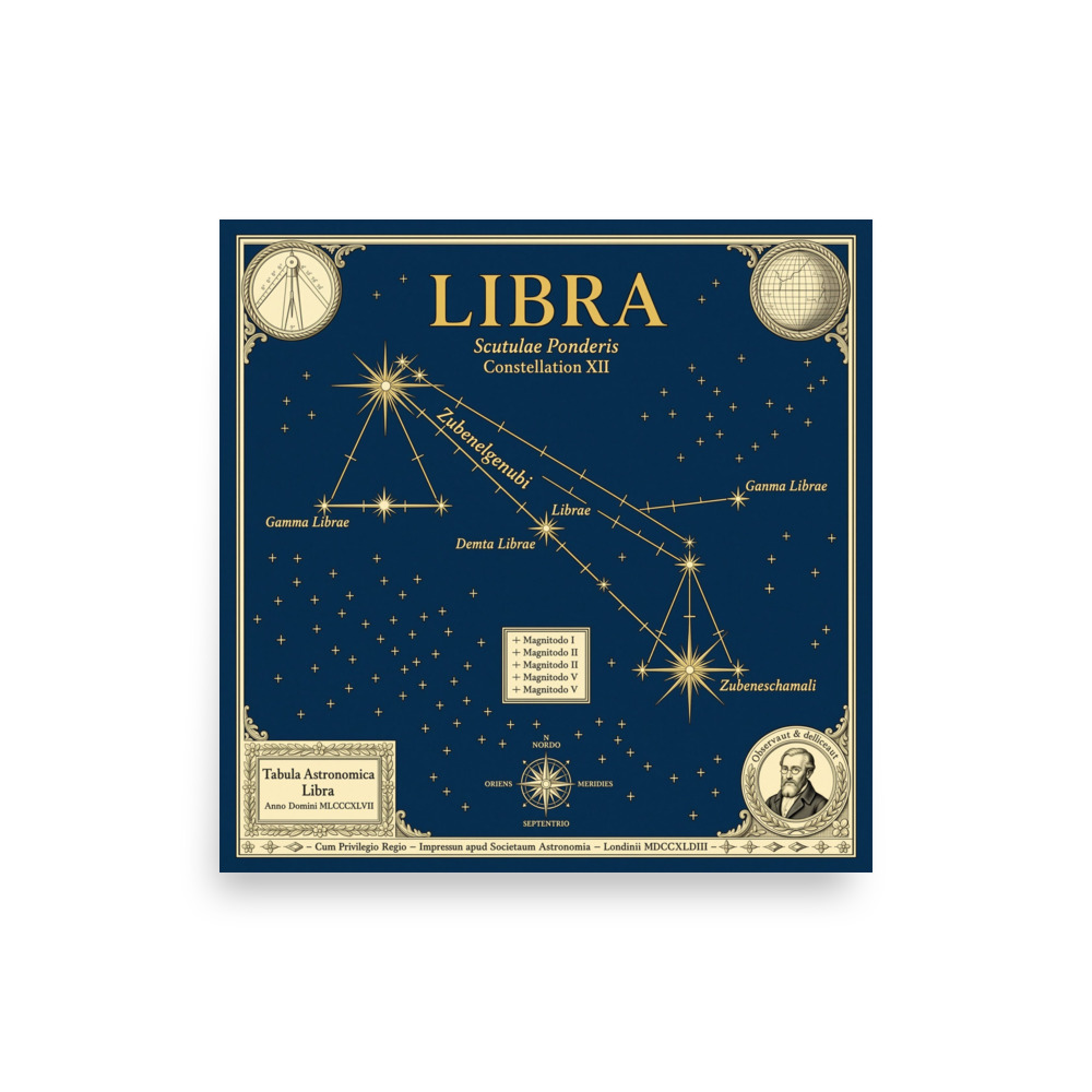 Libra Zodiac Art Print, vintage star chart, antique astronomical style, study or office decor, astrology gift